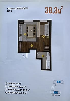 Mavsum ЖК dan Kvartira Sotiladi 38.3 kv m — 5