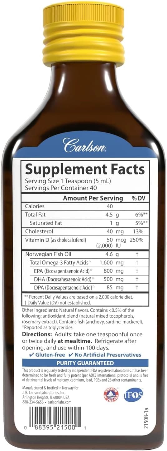 Carlson, Yovvoyi Norvegiya Treskasining Jigar Yog'i, Limon Ta'mi, Cod Liver Oil, 200 ml — 7