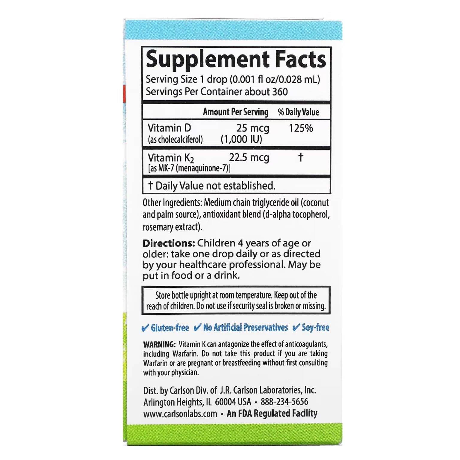Carlson Labs, Kids, Super Daily D3+K2, 25 mcg (1000 ME) va 22,5 mcg, 10,16 ml (0,34 suyuq unsiya) (10530) — 3