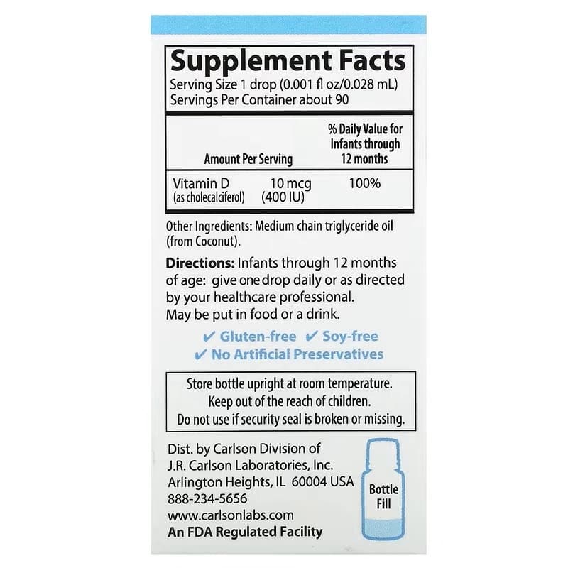 Carlson Labs, Kids, Super Daily D3+K2, 25 mcg (1000 ME) va 22,5 mcg, 10,16 ml (0,34 suyuq unsiya) (10530) — 6