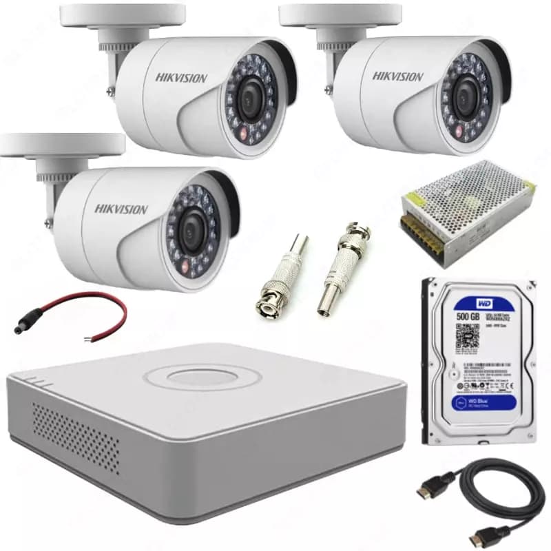 Готовый комплект HD-Видеонаблюдения на 3 камеры ”Hikvision” 1.3мпх — 1