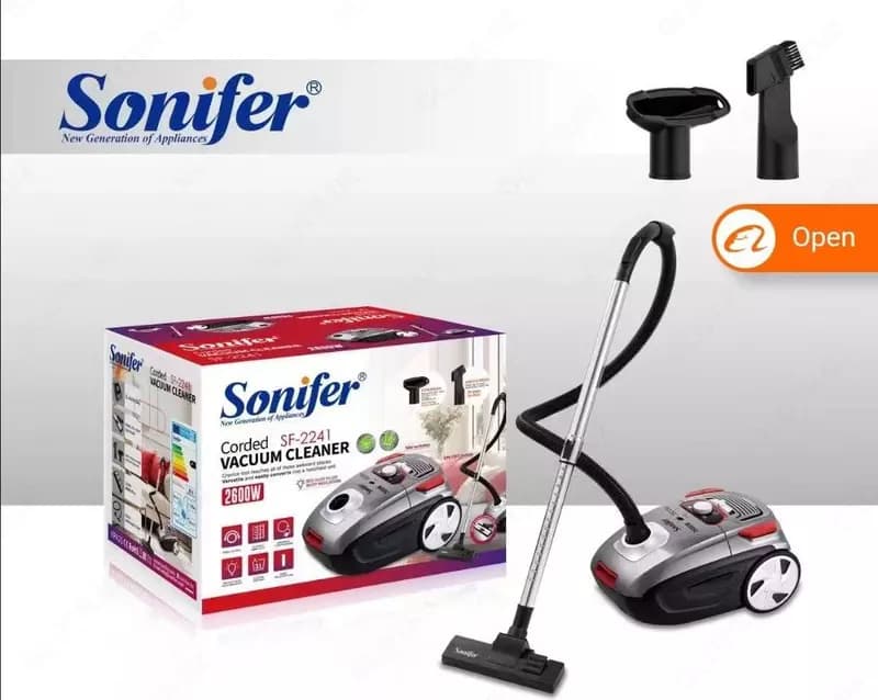 Бытовой пылесос ”Sonifer” SF-2241, 2600 Вт, мешок 3 л., 3 насадки (Китай) Красный/серебристый — 2