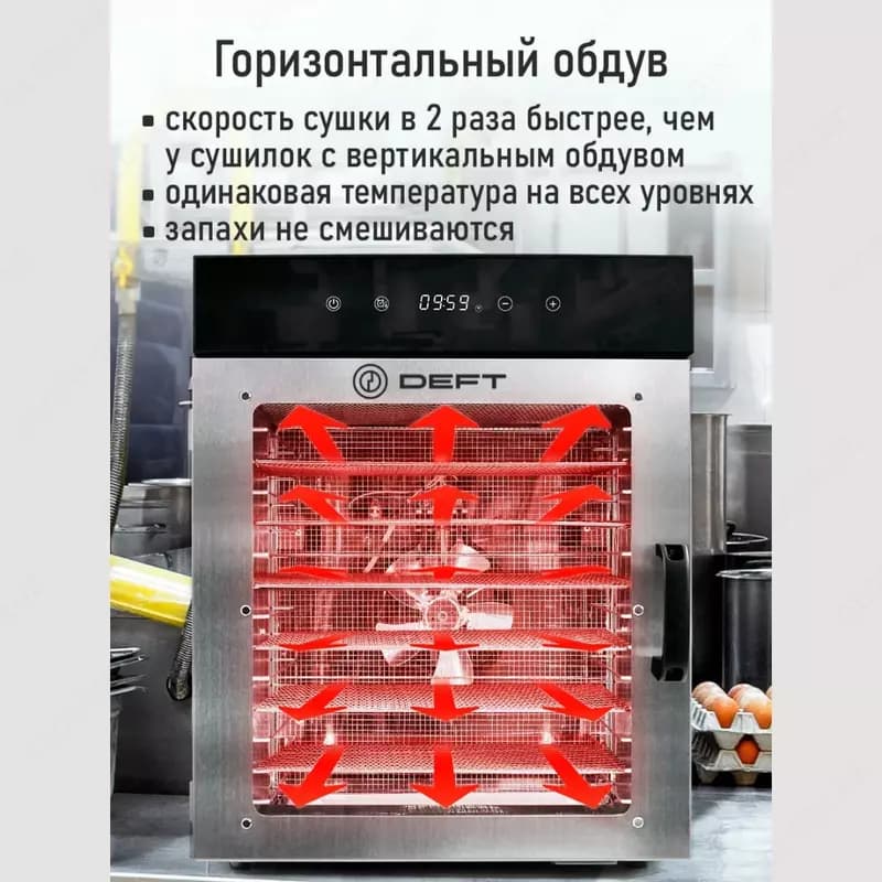 Сушилка для овощей и фруктов с горизонтальным обдувом Deft DTFD-1016S 16 паддон — 4
