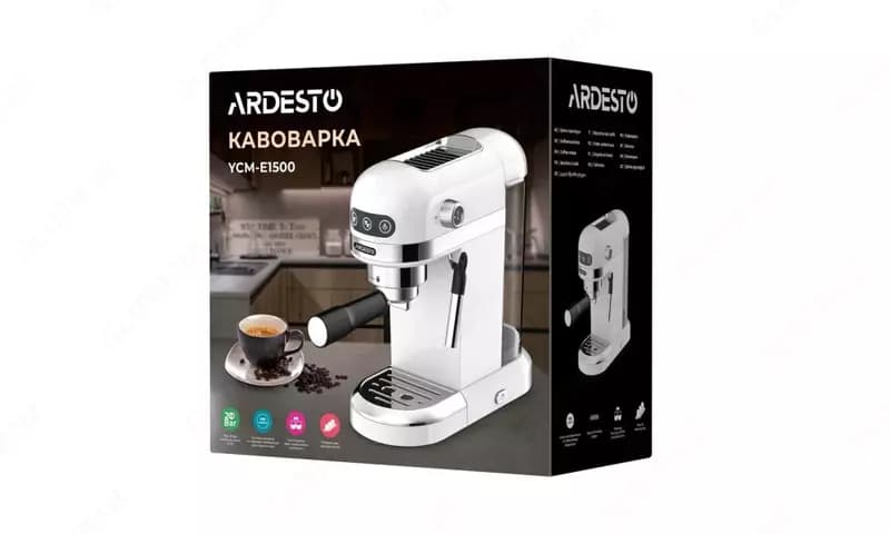 Кофеварка Ardesto рожковая YCM-E1500, 1,4л, молотый, ручной капуч, подогрев чашек, белый — 3