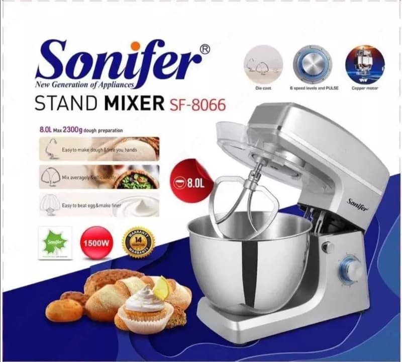 Планетарный миксер ”Sonifer” SF-8066, 3 насадки, 1500W, 8 л (Серебристый) — 2