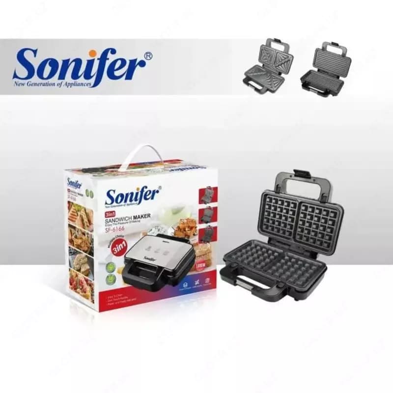 Сендвичница 3 в 1 ”Sonifer” SF-6166, 1000Вт, 3 панели (Китай) Черная/серебристая — 5