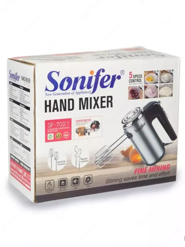 Ручной миксер (подставка) ”Sonifer” SF-7021, 300 Вт, 5 режимов, Турбо режим, 4 насадки (Китай) Металлик/черный — 4