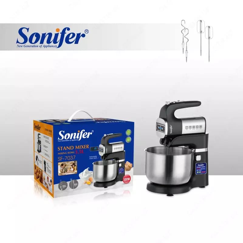 Планетарный миксер ”Sonifer” SF-7037, 500Вт, чаша 3.5 л, 4 насадки, 5 режимов (Китай) Металлик/черный — 2