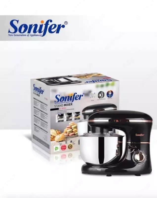Планетарный миксер ”Sonifer” SF-8064, 3 насадки, 1400W, 5.5 л (Серебристый/черный) — 1