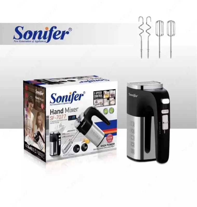 Ручной миксер ”Sonifer” SF-7077, 2 насадки, 500W, 5 скоростей+турбо режим (Серебристый/черный) — 1
