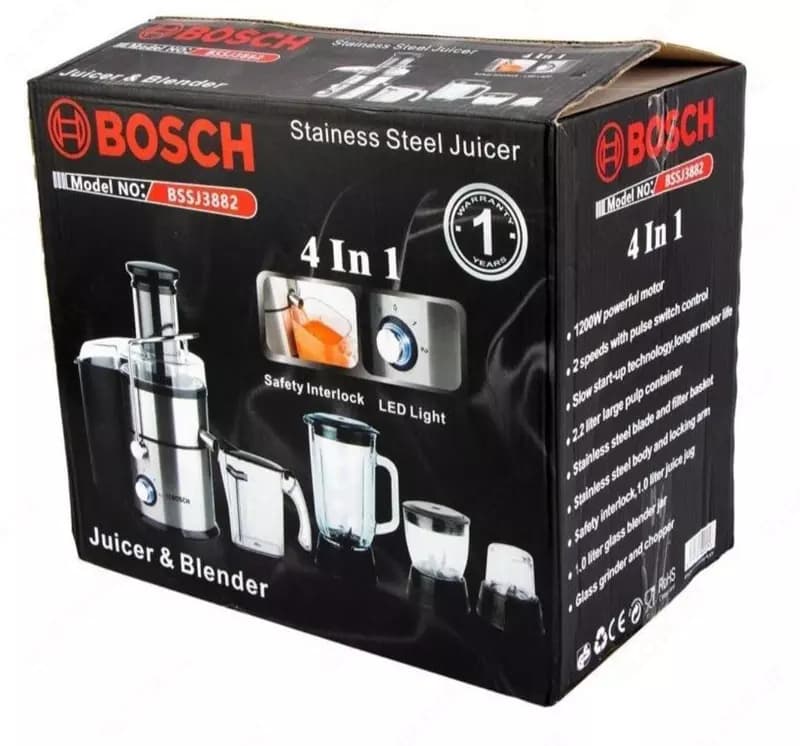Кухонный комбайн 4 в 1 ”BOSCH” BSSJ3882, 1200 W (Cтальной/черный) — 4