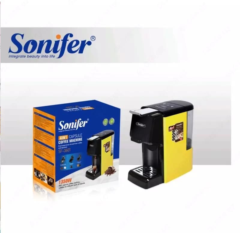 Автоматическая кофемашина (капсульная) 4 в 1 ”SONIFER” SF-3601, 1350Вт, 600 мл (Китай) Желтая/черная — 1