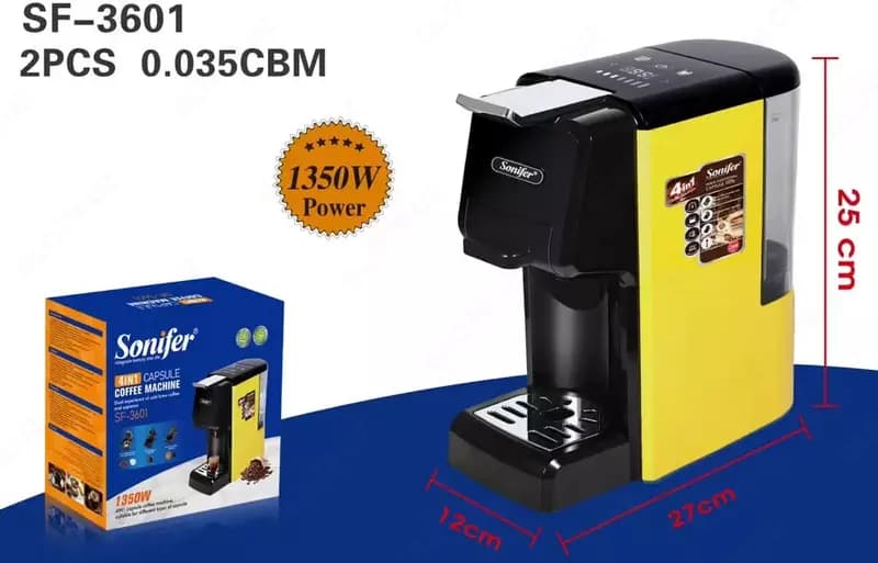 Автоматическая кофемашина (капсульная) 4 в 1 ”SONIFER” SF-3601, 1350Вт, 600 мл (Китай) Желтая/черная — 2