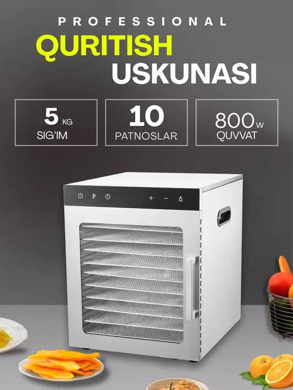 Сушилка для овощей и фруктов Uskunalar US-10 / Дегидратор с 10 поддонами, 29 л. — 1