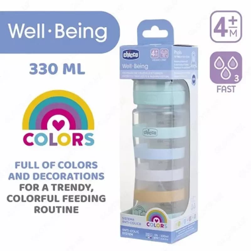 Бутылочка для кормления Well-Being Plastic Feeding Bottle 330ml FASTFLOW SIL, GREEN, арт.CH28637-21 — 2