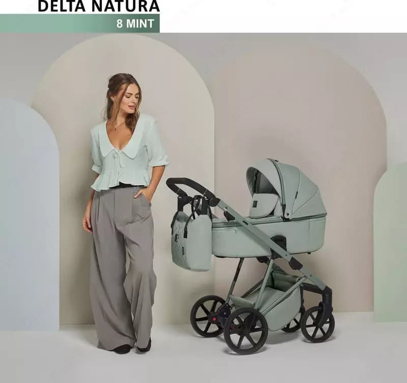Детская коляска 2 в 1 ”Adamex” Delta Nature 8 MINT, +0 мес., сумка для мамы — 8