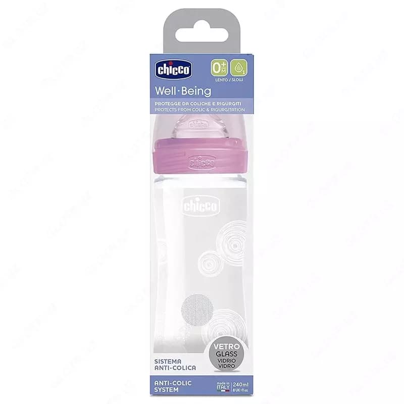 Бутылочка для кормления Well-Being GLASS Feeding Bottle 240ml Slow Flow 0m+ Silicone, PINK арт.CH28721-10 — 3