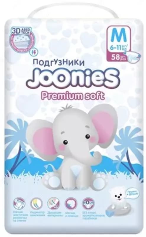 Joonies подгузники Premium Soft M 6-11 кг, 58 шт., белый — 1