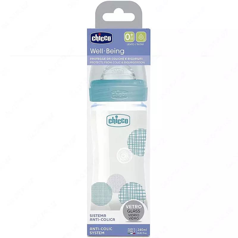 Бутылочка для кормления Well-Being GLASS Feeding Bottle 240ml Slow Flow 0m+ Silicone, BLUE арт.CH28721-20 — 3