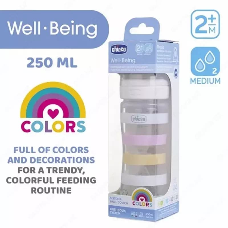 Бутылочка для кормления Well-Being Plastic Feeding Bottle 250ml MEDIUMFLOW 2м+ SIL, WHITE арт.CH28623-11 — 2