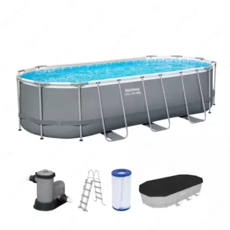 Сборный бассейн (овальный) с аксессуарами ”Bestway” Power Steel 56710, каркасный, 549 х 274 х 122 см (Серый) — 1