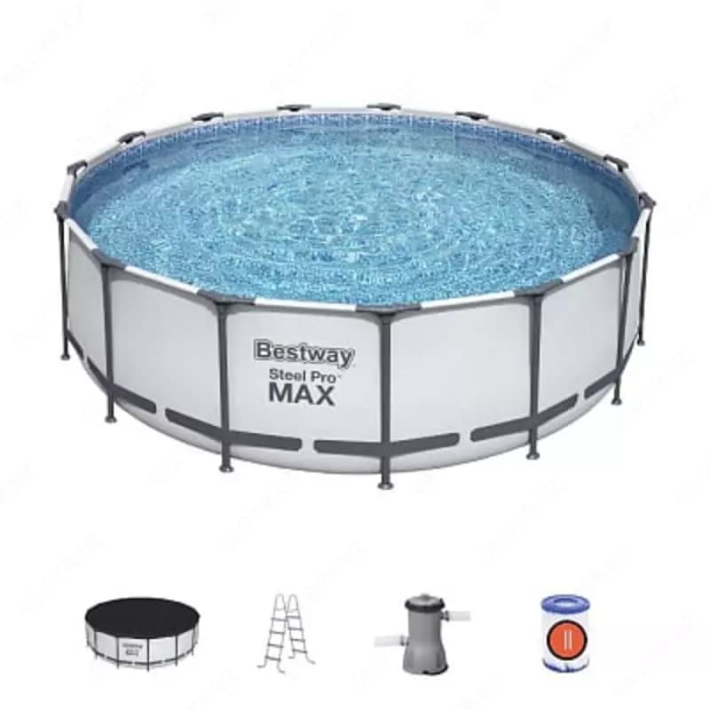 Сборный бассейн (круглый) с аксессуарами ”Bestway” Steel Pro МАX 56438, каркасный, d 457 х 122 см (Серый/белый) — 1