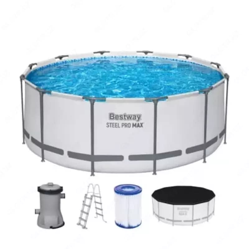Сборный бассейн (круглый) с аксессуарами ”Bestway” Steel Pro МАX 56420, каркасный, d 366 х 122 см (Серый/белый) — 1
