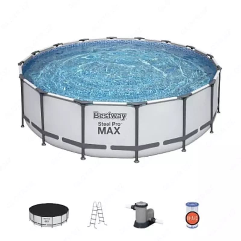 Сборный бассейн (круглый) с аксессуарами ”Bestway” Steel Pro МАX 5612Z, каркасный, d 488 х 122 см (Серый/белый) — 1