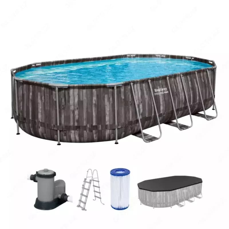 Сборный бассейн (овальный) с аксессуарами ”Bestway” Power Steel 56719, каркасный, 610 х 366 х 122 см (Серый) — 1