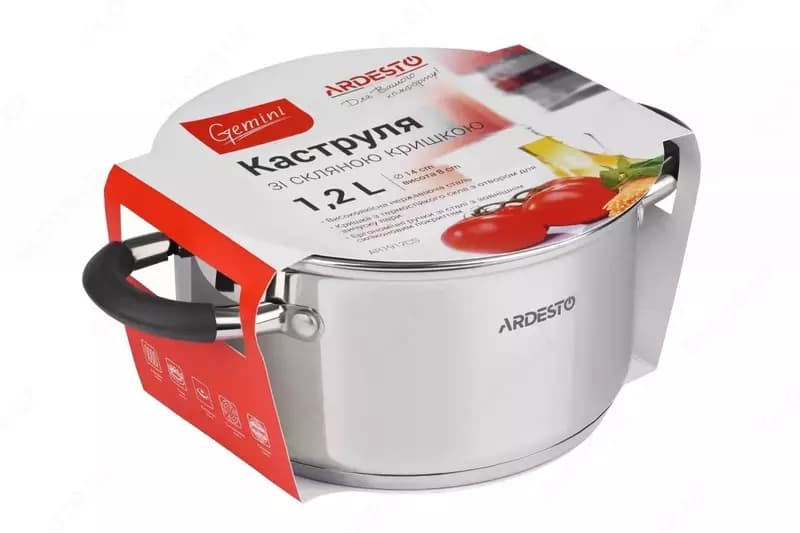 Кастрюля Ardesto Gemini Salerno, стеклянная крышка, 1.2 л,серые ручки с силиконом,нержавеющая сталь — 3
