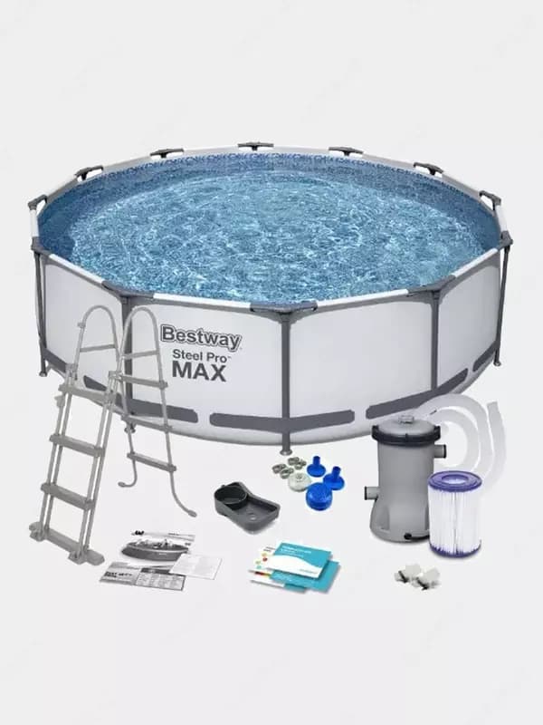 Сборный бассейн (круглый) ”Bestway” Steel Pro МАX 56488, каркасный, d 457х107 см (Серый/белый) — 2