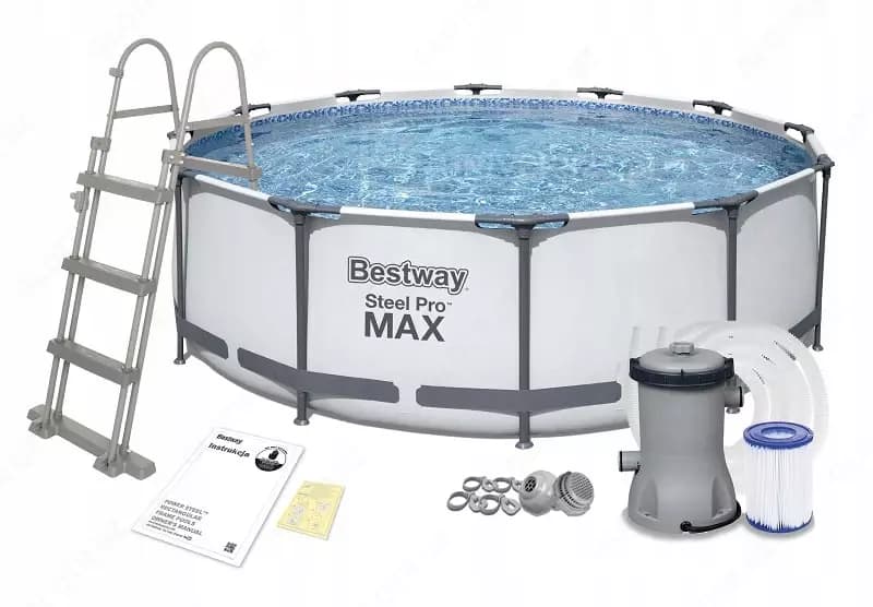 Сборный бассейн (круглый) с аксессуарами ”Bestway” Steel Pro МАX 56418, каркасный, d 366 х 100 см (Серый/белый) — 1