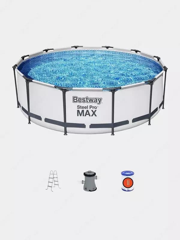 Сборный бассейн (круглый) с аксессуарами ”Bestway” Steel Pro МАX 56418, каркасный, d 366 х 100 см (Серый/белый) — 2