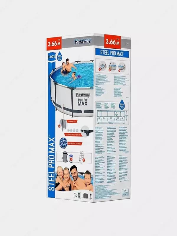 Сборный бассейн (круглый) с аксессуарами ”Bestway” Steel Pro МАX 56418, каркасный, d 366 х 100 см (Серый/белый) — 4