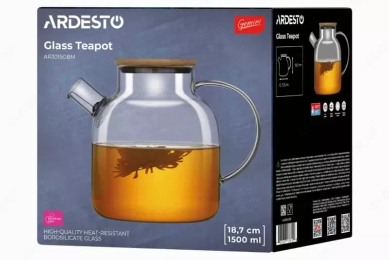 Заварник Ardesto с фильтром, 1500 мл, боросиликатное стекло, бамбук — 3
