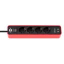 Удлинитель Ecolor 4 розетки, 2 USB, 1.5 метра, с выключателем, черно-красный