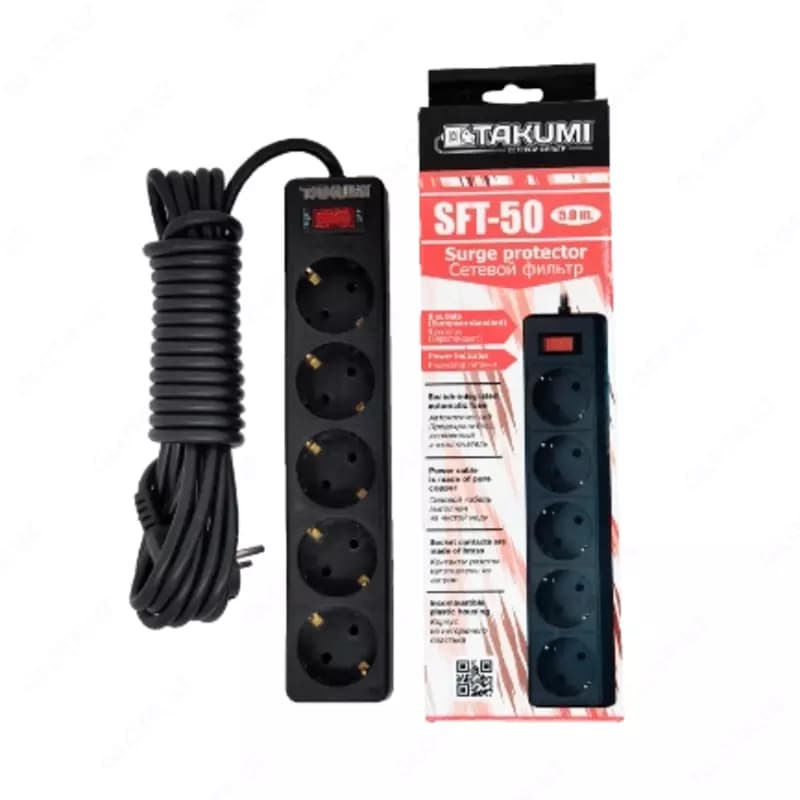 Удлинитель электрический Black Takumi УЭ5-10А SFT50, 5 розеток, 5 м — 1