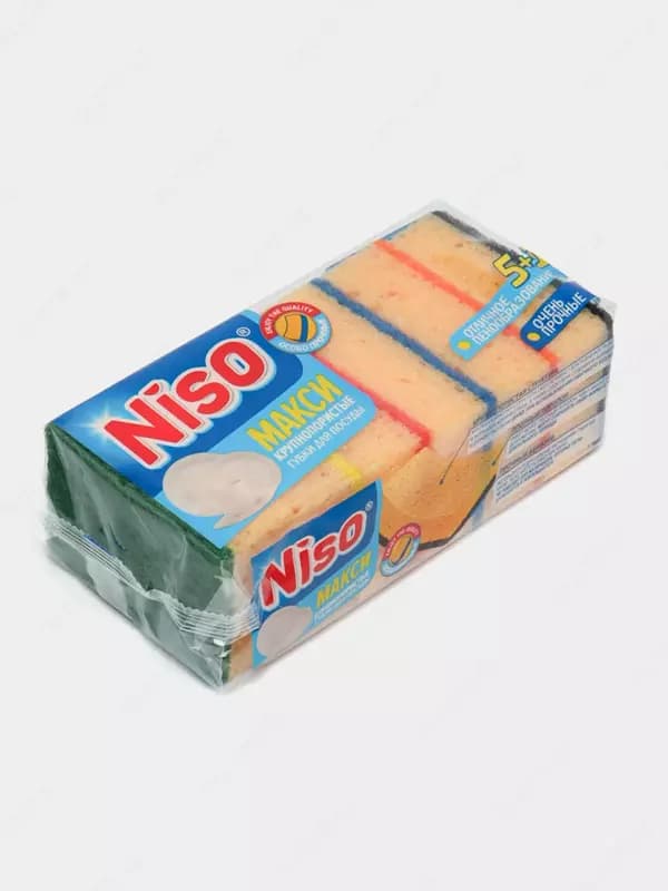 Универсальные двусторонние губки ”Niso” Макси, пористый поролон/абразив, 95х65х30 мм, 6 шт. (Код - 375) Ассортимент — 1