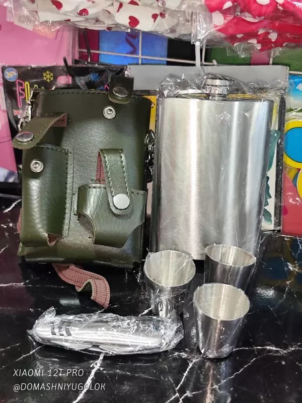 Компактный дорожный набор с флягой, 3 рюмки, складной нож в чехле (Код-РТ-9А) — 3