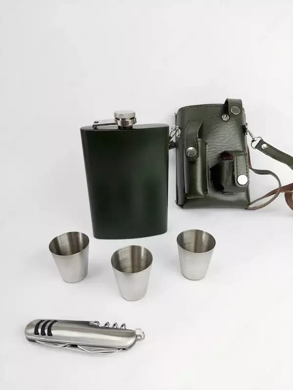 Компактный дорожный набор с флягой, 3 рюмки, складной нож в чехле (Код-РТ-9А) — 4