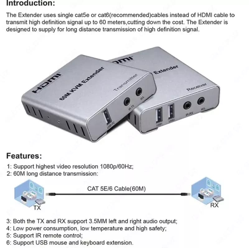 HDMI + USB удлинитель 60М 1080p, HDMI USB Extender 60M , Lan, Ethernet — 6