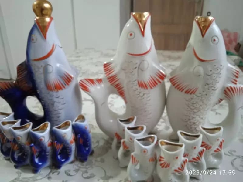 Набор для напитков ”Рыба” синие (штоф и шесть стопок), фарфор, роспись, Городницкий цена на 8 комплект — 2