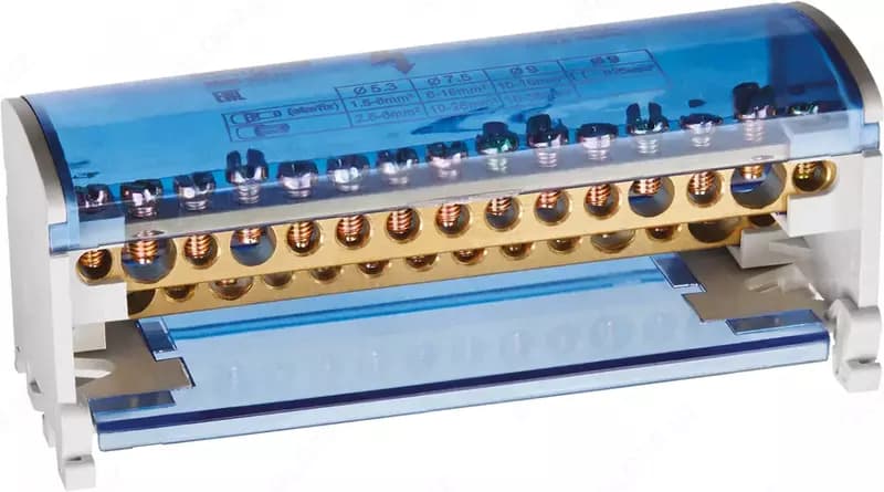 Шина N в корпусе (на DIN-рейку) "UPOWER" латунь, 230/400В, 125А, 2.5-10 мм2, d 5.3 мм — 2