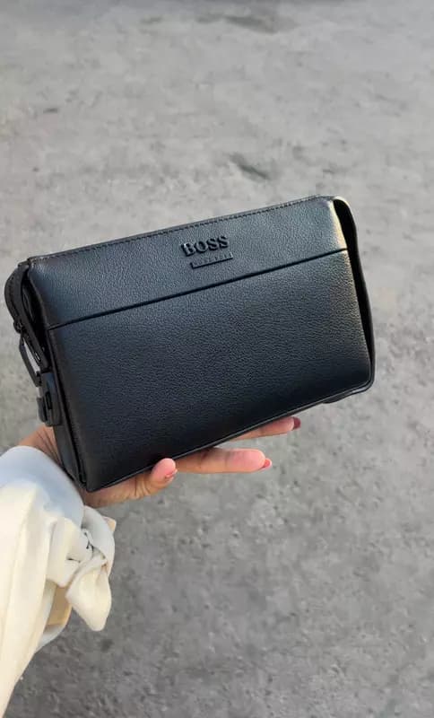 Мужская барсетка Hugo Boss стиль (чёрная, экокожа) — 1