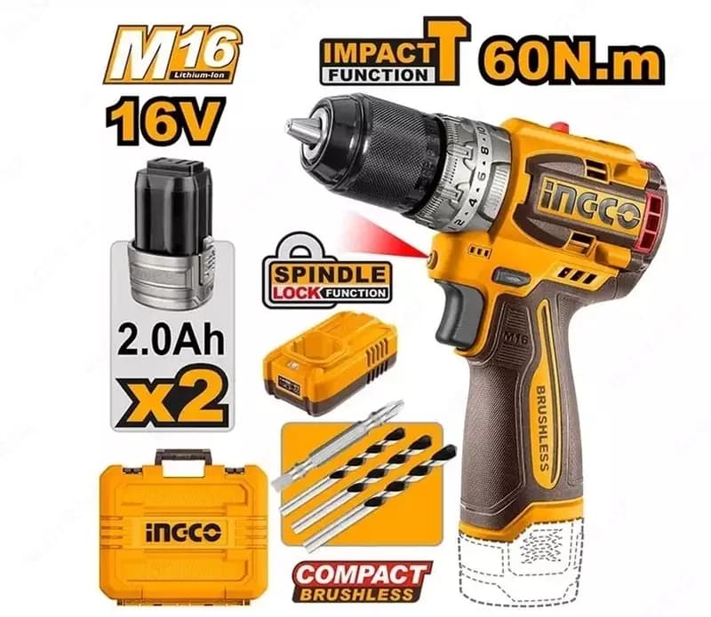 Аккумуляторный ударный бесщеточный шуруповерт INGCO CIDLI16682 INDUSTRIAL 16 В 60 Нм 22+1+1 — 1