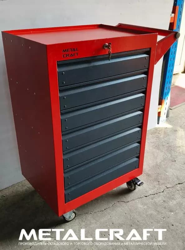 Инструментальная тележка (мобильная) "Metalcraft", металл, 940х600(770)х450 мм, 7 ящ. г/п до 50 кг (Серая/красная) — 3