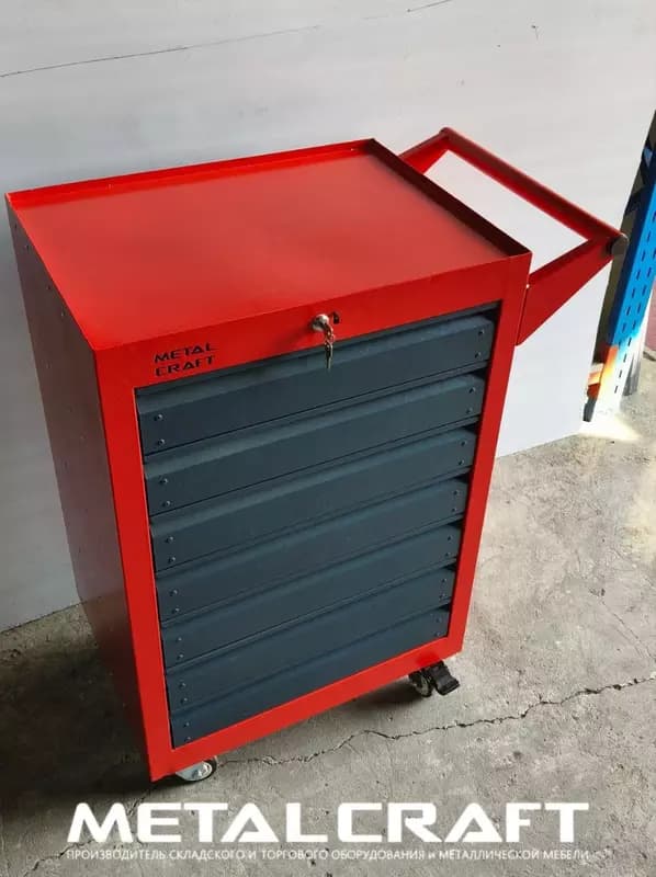 Инструментальная тележка (мобильная) "Metalcraft", металл, 940х600(770)х450 мм, 7 ящ. г/п до 50 кг (Серая/красная) — 4