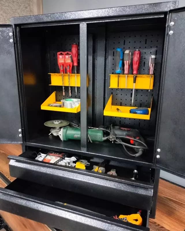 Металлический шкаф для инструментов (настенный) "Metalcraft" 2 секции, 2 выдв. ящика, перф. панель, 655×280×810 мм — 5