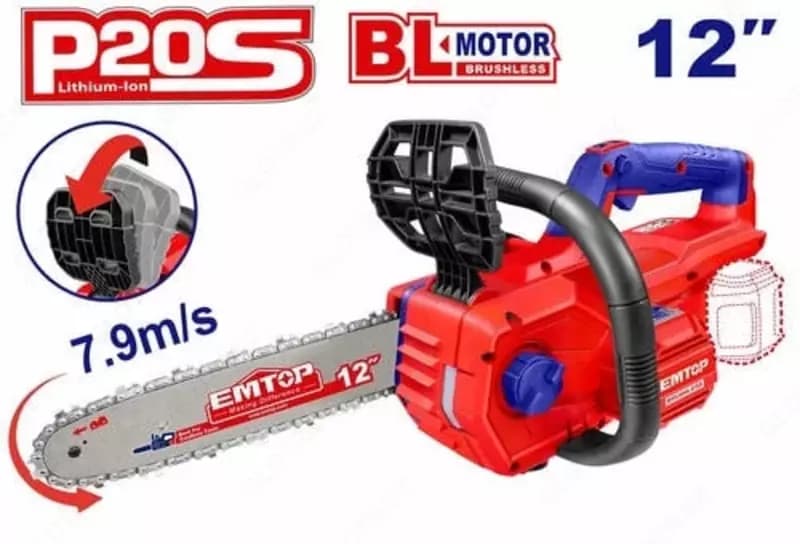 Аккумуляторная цепная пила ”EMTOP” ELGA20128, 12”, скорость 7.9 м/с, 20В — 2