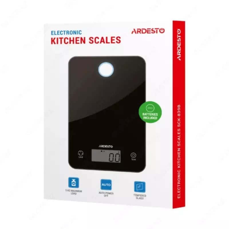 Ardesto Весы кухонные Ardesto SCK-839B, до 5 кг, стекло, чёрные, батарейки CR2032×2 — 3